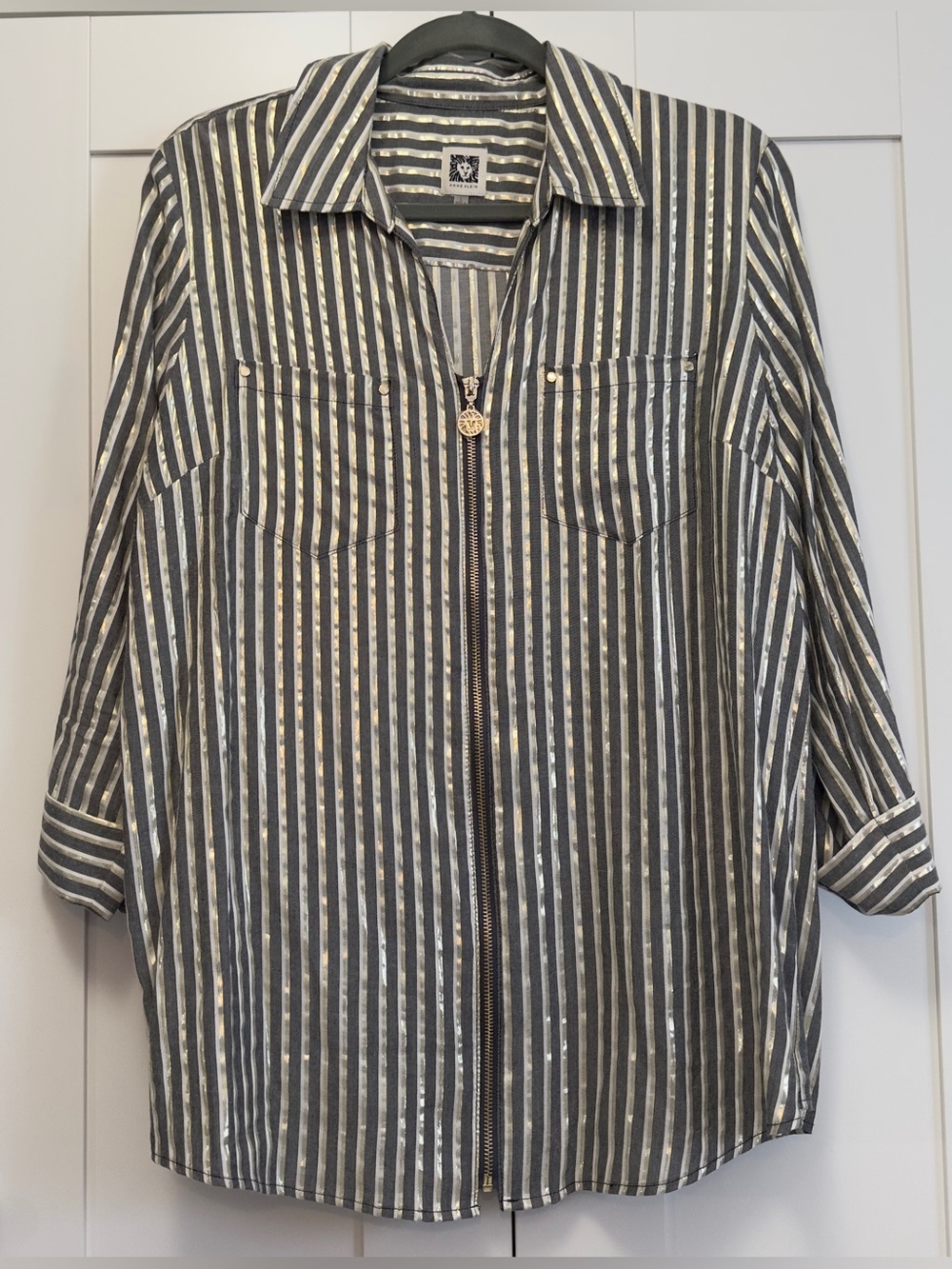 Metallic Gold And Gray Striped Anne Klein Cuff Sleeve Button Front Top Sz LG